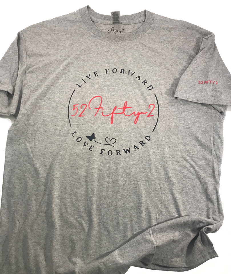 Tee shirt from 52Fifty2 Apparel Yellow Butterfly Collection. "Live Forward Love Forward" Gray/Red/Black Unisex Tee