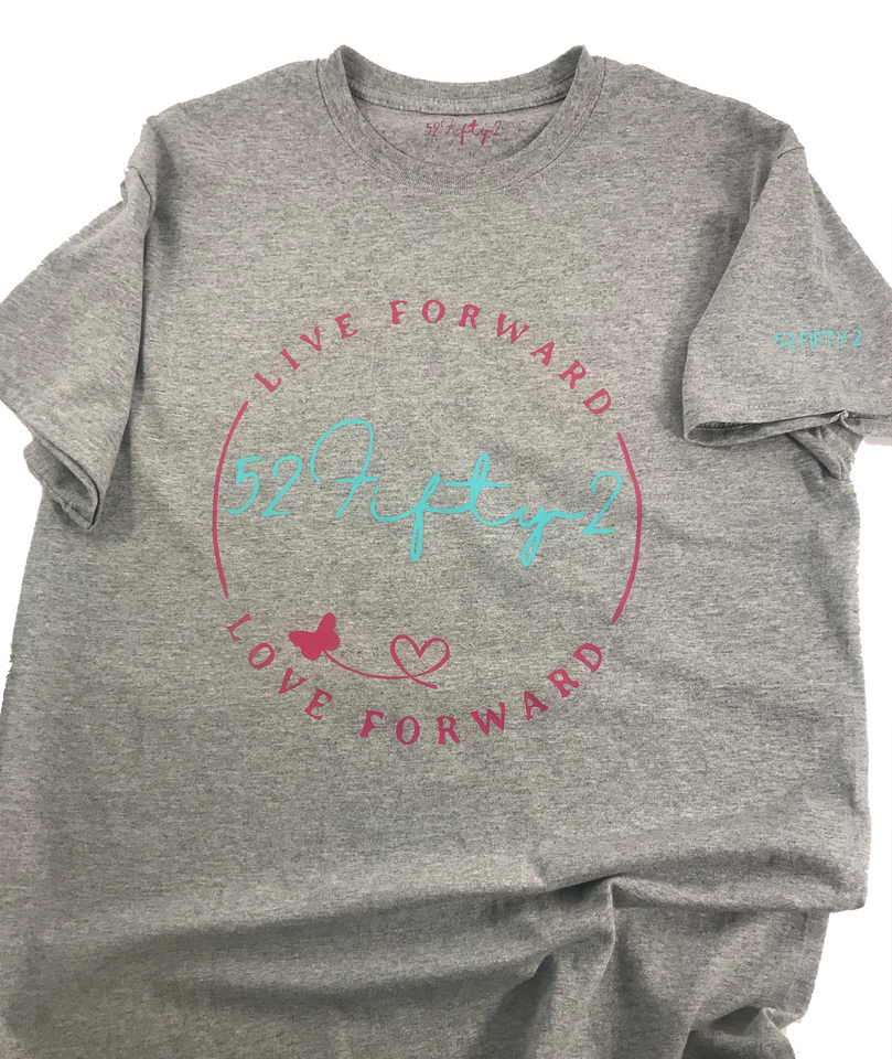 Tee shirt from 52Fifty2 Apparel Yellow Butterfly Collection. "Live Forward Love Forward" Gray/Pink/Blue Unisex Tee